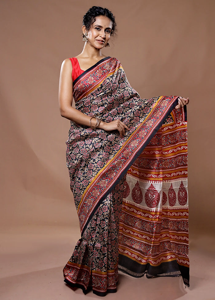 Black Printed Pure Silk Saree With Blouse Piece - Indian Silk House Agencies