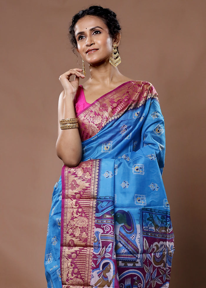 Purple Printed Pure Silk Saree With Blouse Piece - Indian Silk House Agencies