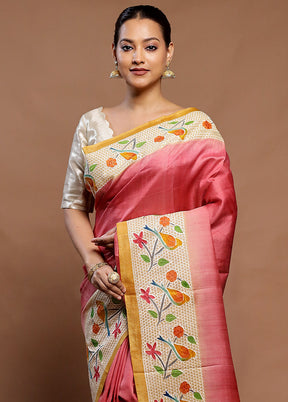 Peach Handloom Tussar Pure Silk Saree With Blouse Piece