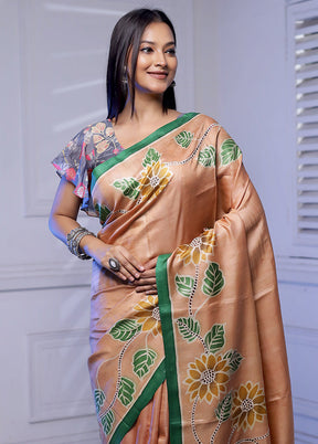 Rust Handloom Tussar Pure Silk Saree With Blouse Piece