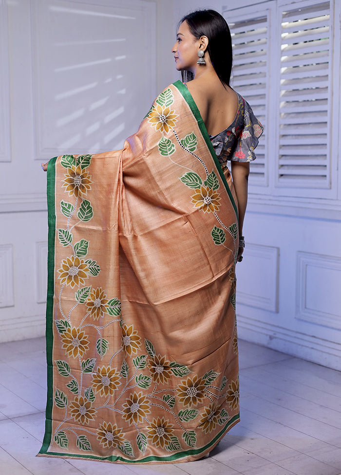 Rust Handloom Tussar Pure Silk Saree With Blouse Piece