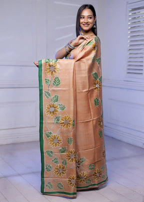 Rust Handloom Tussar Pure Silk Saree With Blouse Piece