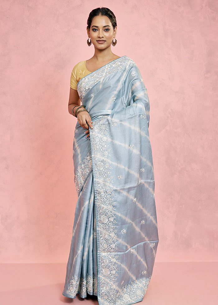 Grey Embroidered Pure Tussar Silk Saree With Blouse Piece - Indian Silk House Agencies