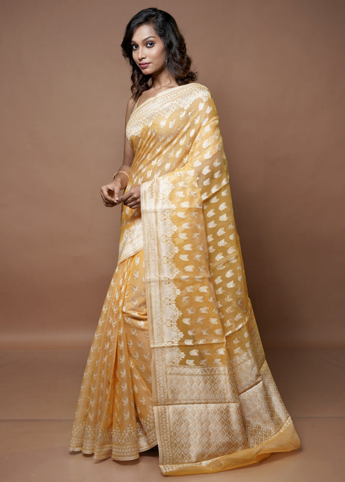 Yellow Kora Silk Saree With Blouse Piece