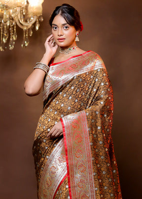 Brown Tanchoi Silk Saree With Blouse Piece