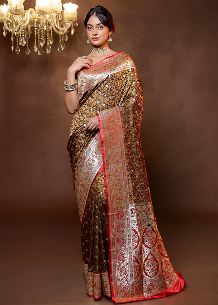 Brown Tanchoi Silk Saree With Blouse Piece