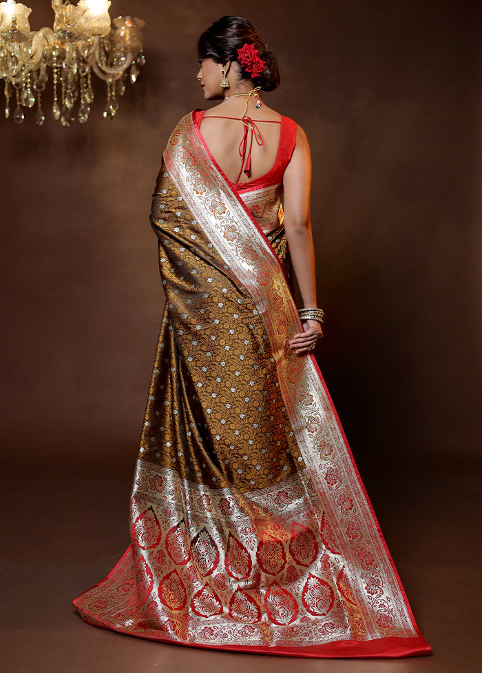 Brown Tanchoi Silk Saree With Blouse Piece