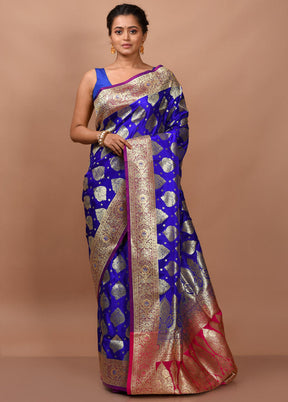 Blue Banarasi Silk Saree With Blouse Piece - Indian Silk House Agencies