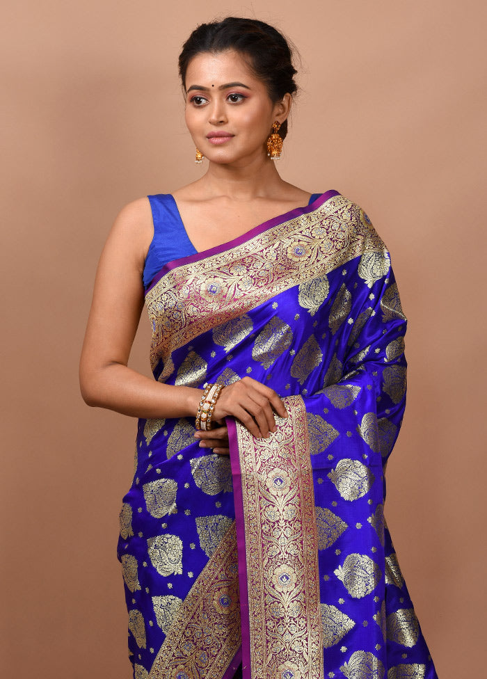 Blue Banarasi Silk Saree With Blouse Piece - Indian Silk House Agencies