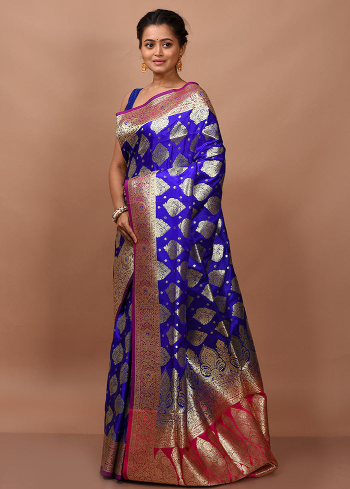 Blue Banarasi Silk Saree With Blouse Piece - Indian Silk House Agencies