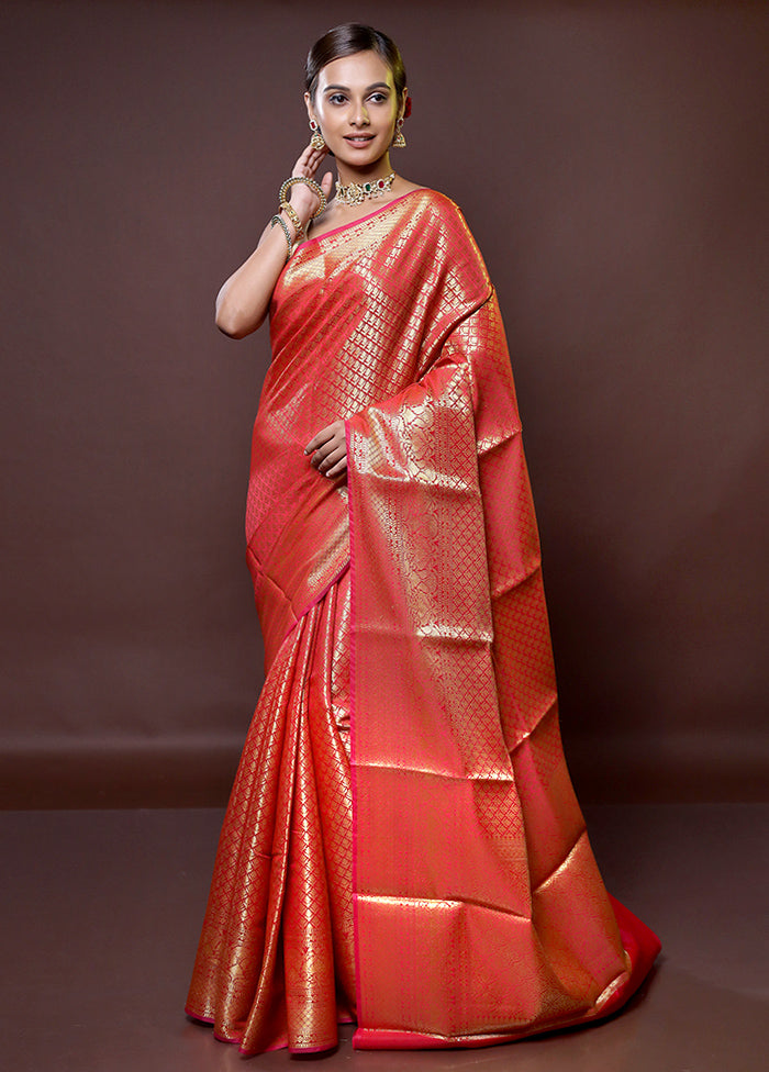 Red Dupion Silk Saree With Blouse Piece