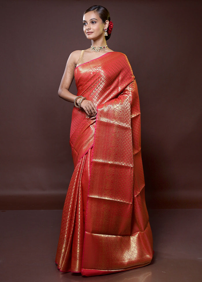 Red Dupion Silk Saree With Blouse Piece