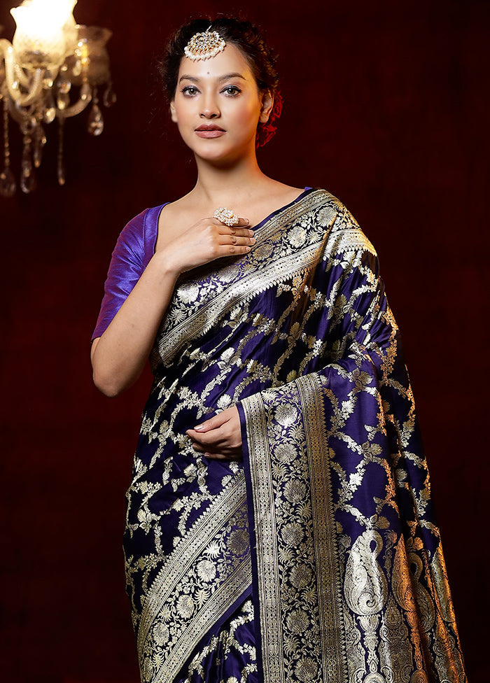 Purple Handloom Banarasi Pure Silk Saree With Blouse Piece