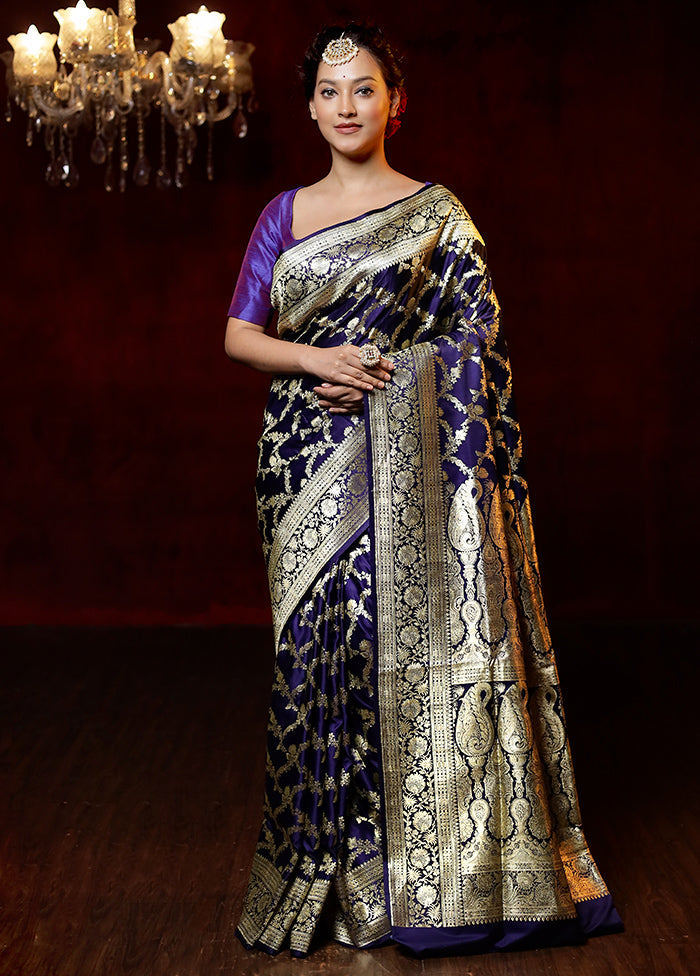 Blue Handloom Banarasi Pure Silk Saree With Blouse Piece