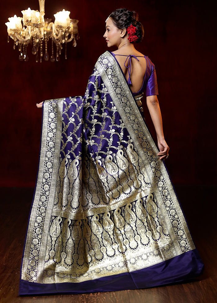 Purple Handloom Banarasi Pure Silk Saree With Blouse Piece - Indian Silk House Agencies