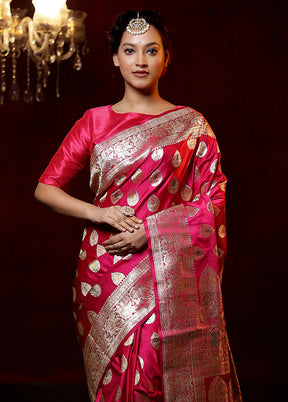 Pink Handloom Banarasi Pure Silk Saree With Blouse Piece