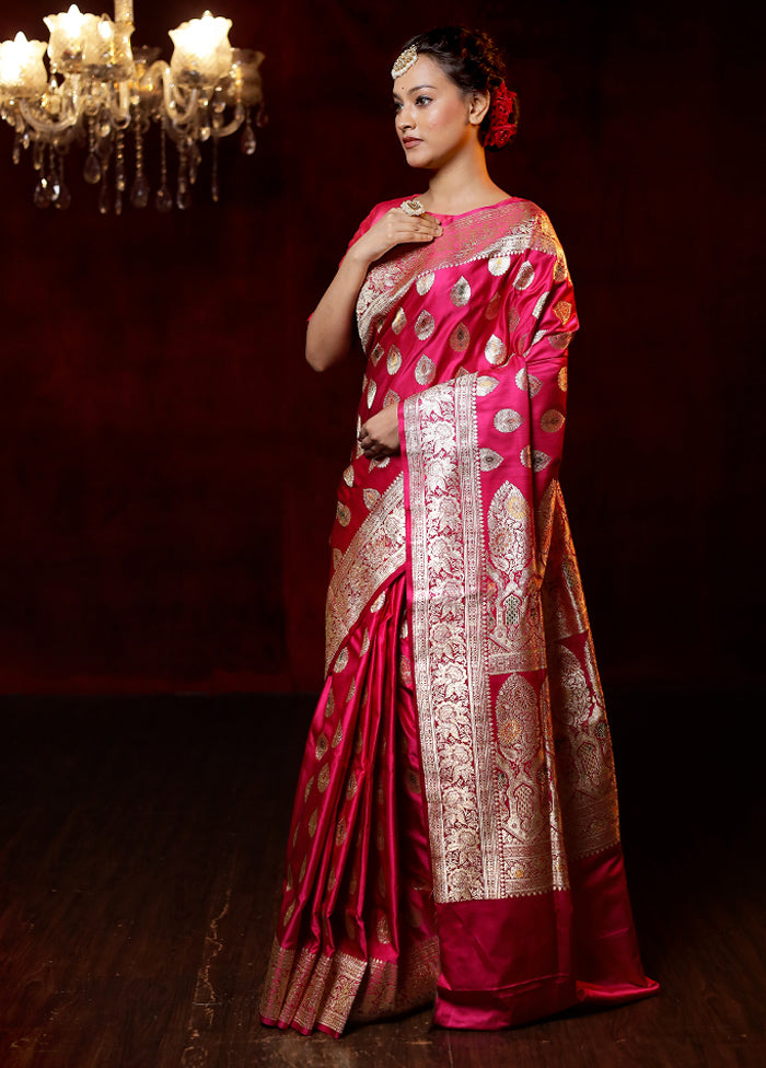 Pink Handloom Banarasi Pure Silk Saree With Blouse Piece