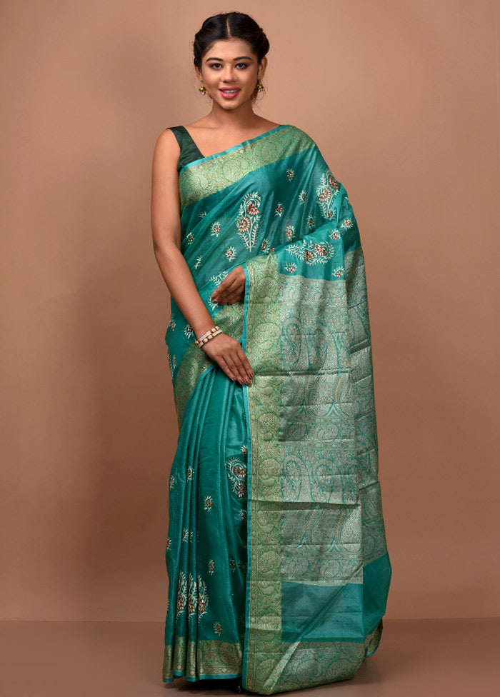 Peacock Green Tussar Silk Saree With Blouse Piece - Indian Silk House Agencies