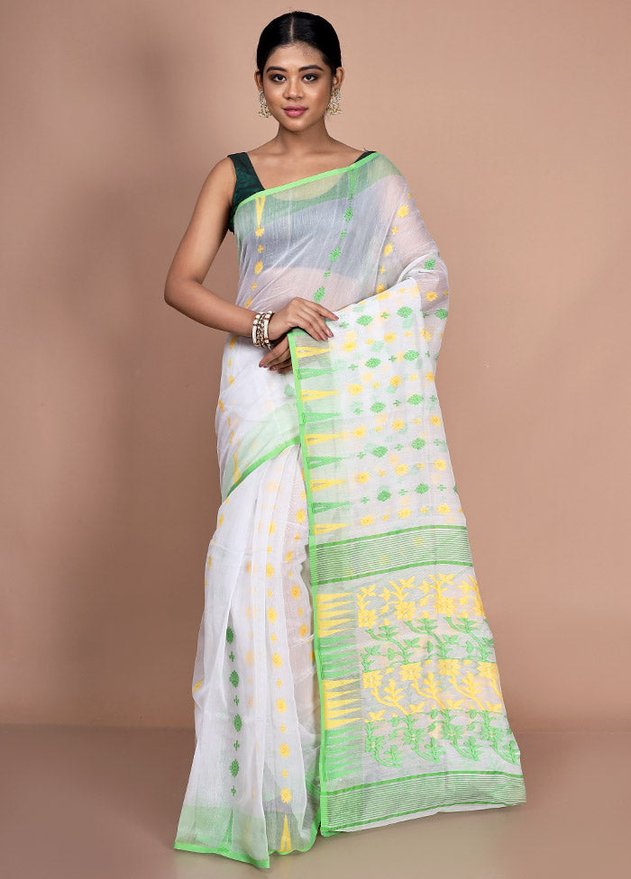 White Tant Jamdani Saree Without Blouse Piece - Indian Silk House Agencies