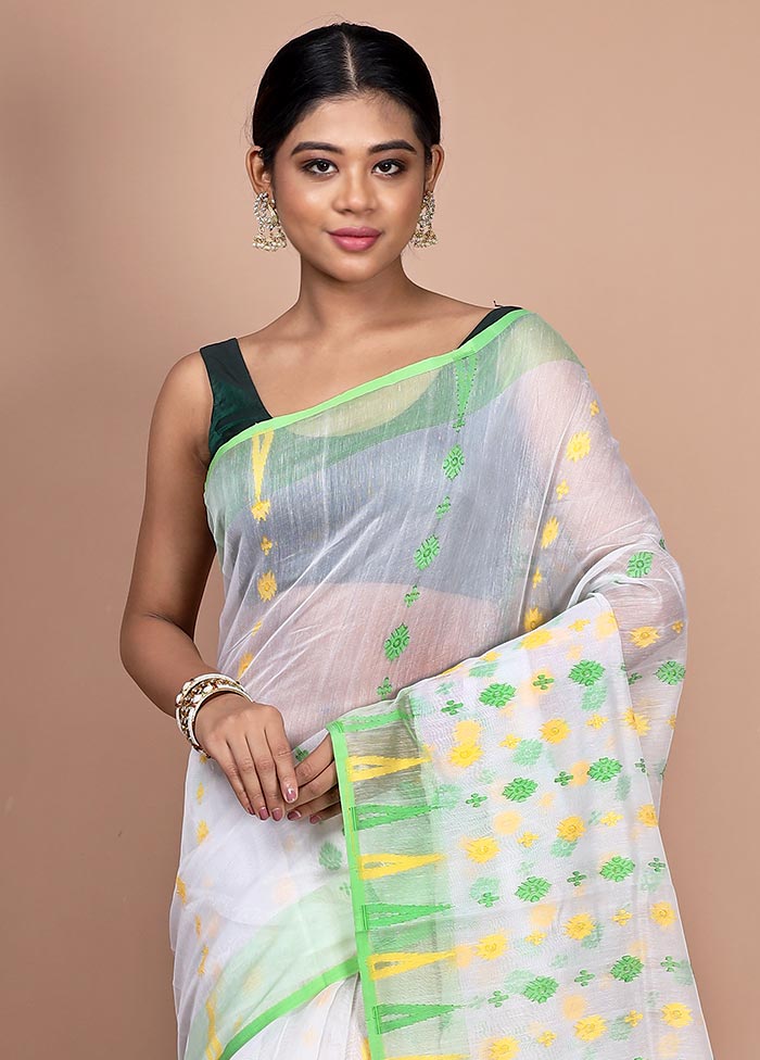 White Tant Jamdani Saree Without Blouse Piece - Indian Silk House Agencies