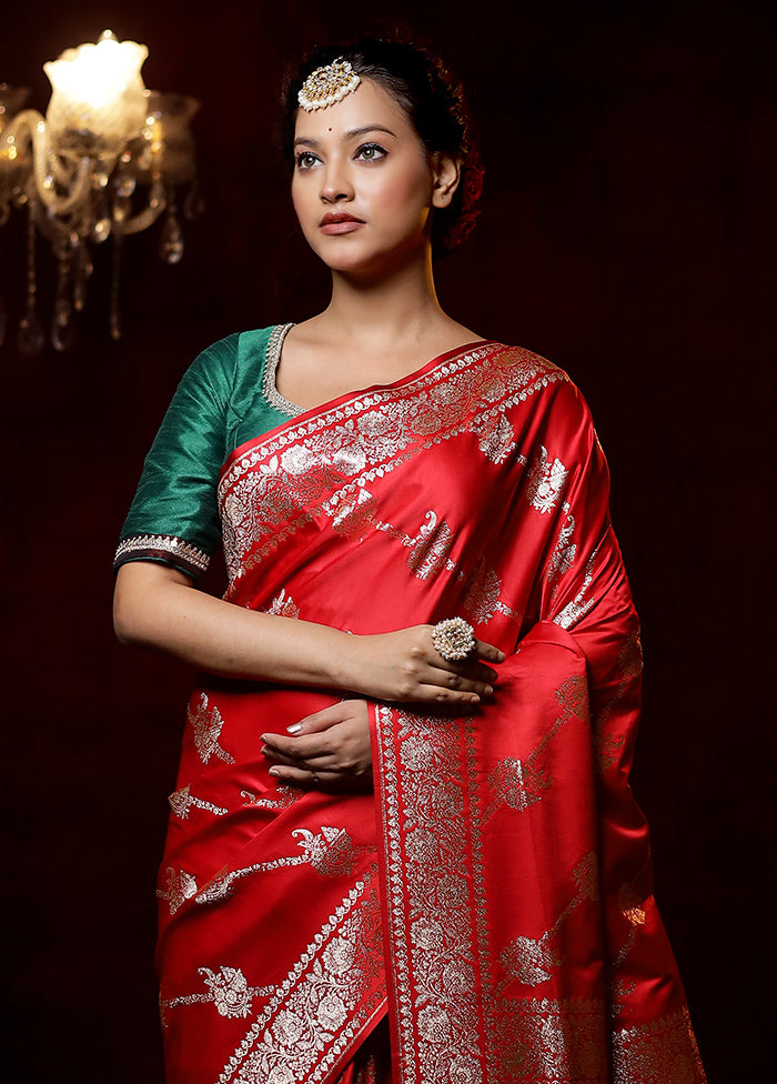 Red Banarasi Silk Saree With Blouse Piece