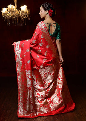 Red Banarasi Silk Saree With Blouse Piece