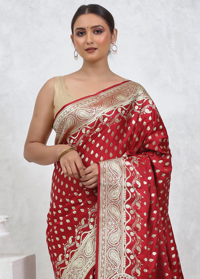 Maroon Banarasi Silk Saree With Blouse Piece