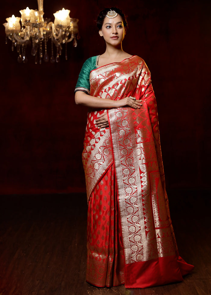 Red Banarasi Silk Saree With Blouse Piece