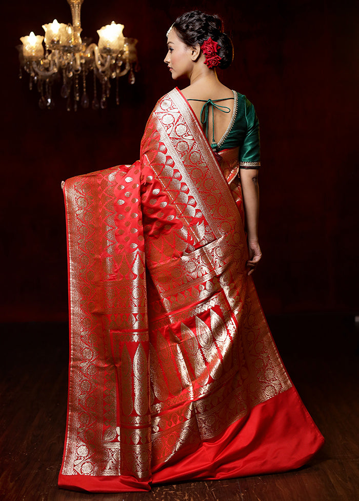 Red Banarasi Silk Saree With Blouse Piece