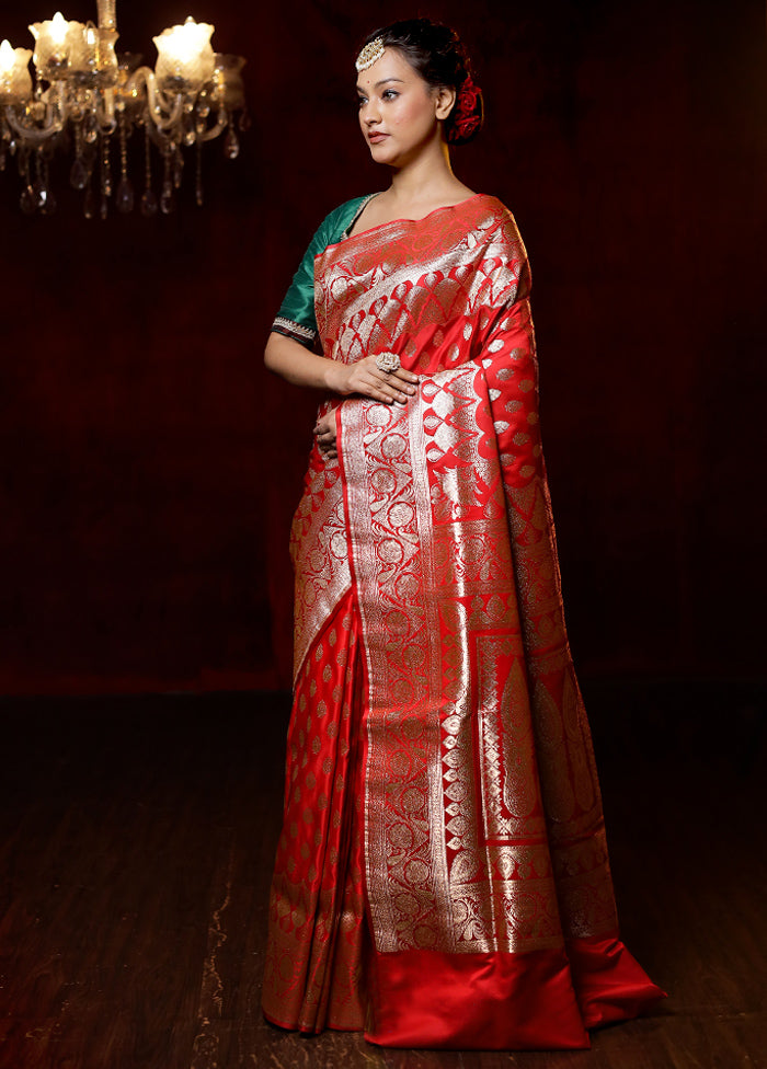 Red Banarasi Silk Saree With Blouse Piece