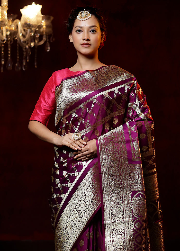 Purple Banarasi Silk Saree With Blouse Piece