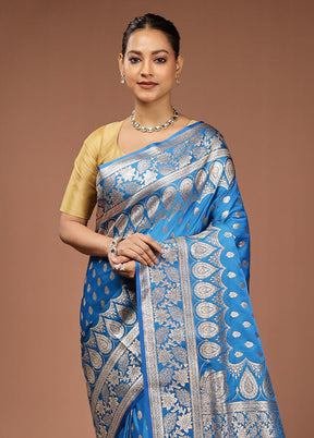 Blue Banarasi Silk Saree With Blouse Piece