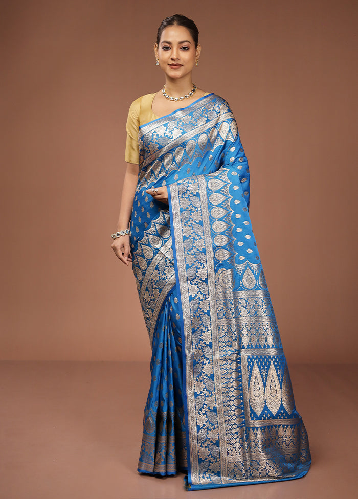 Blue Banarasi Silk Saree With Blouse Piece