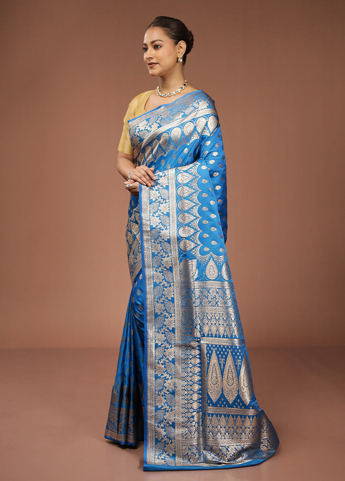 Blue Banarasi Silk Saree With Blouse Piece
