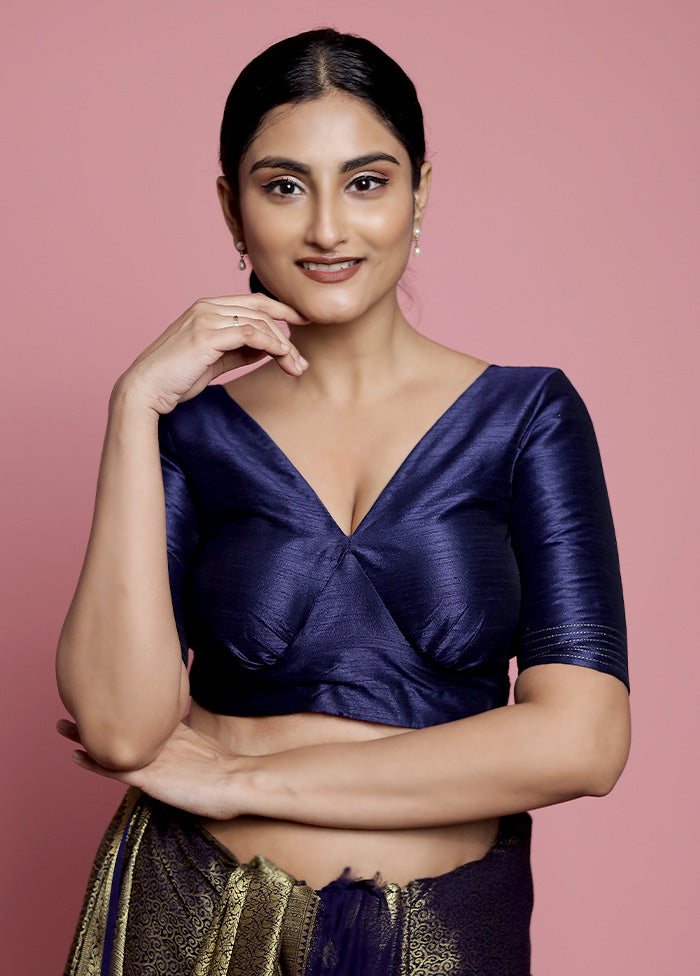 Navy Blue Dupion Silk Designer Blouse - Indian Silk House Agencies