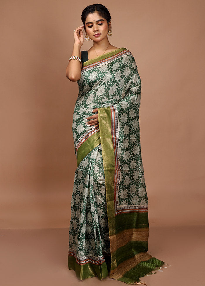 Green Tussar Silk Saree With Blouse Piece - Indian Silk House Agencies