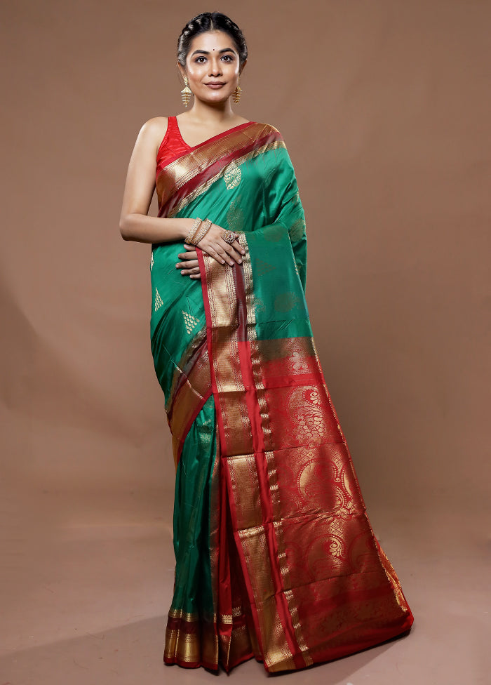 Green Kanjivaram Silk Saree With Blouse Piece - Indian Silk House Agencies