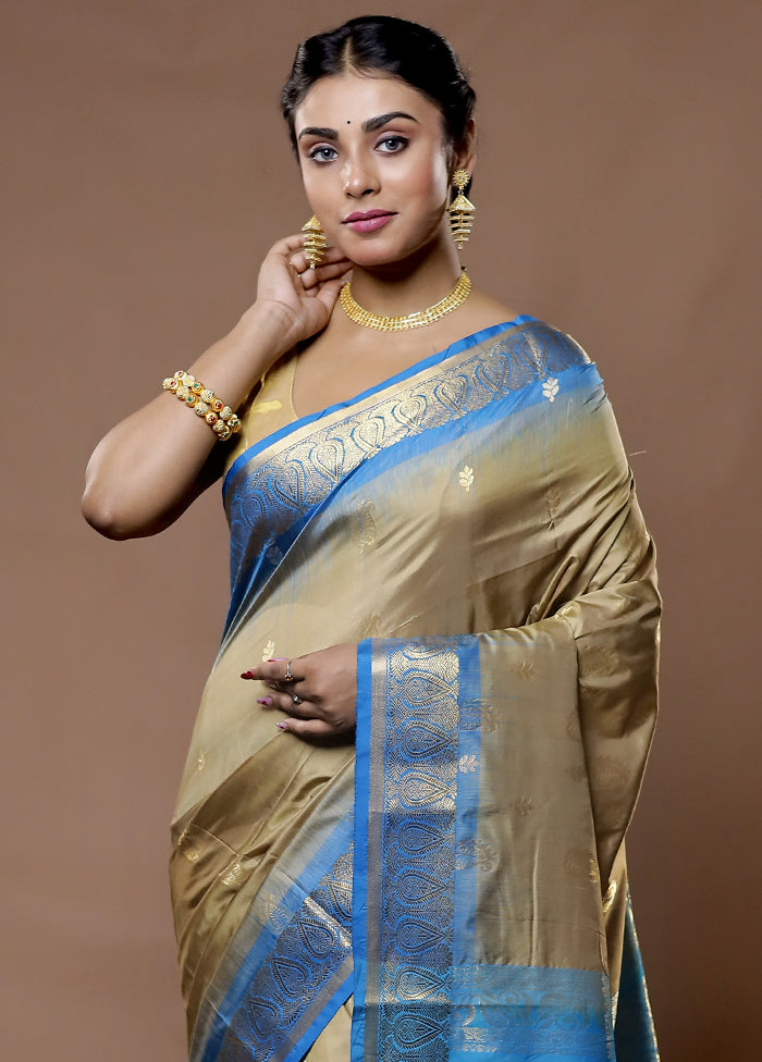 Cream Kanjivaram Pure Silk Saree With Blouse Piece - Indian Silk House Agencies