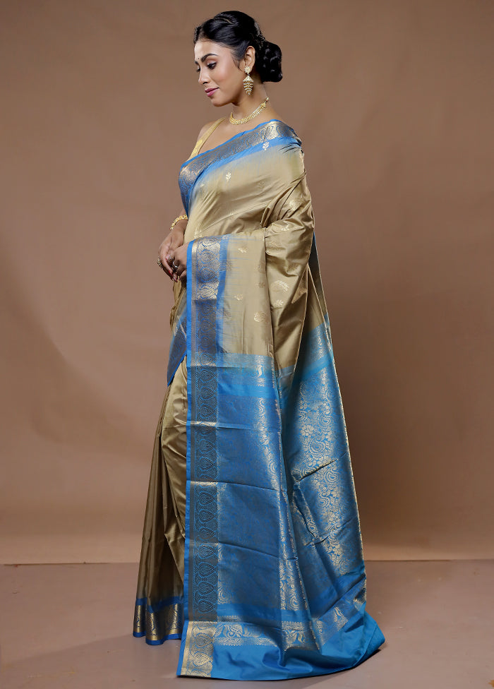 Cream Kanjivaram Pure Silk Saree With Blouse Piece - Indian Silk House Agencies