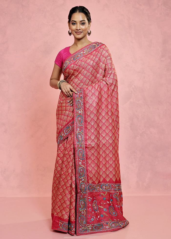 Pink Embroidered Pure Tussar Silk Saree With Blouse Piece - Indian Silk House Agencies