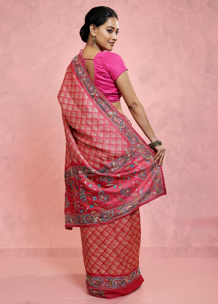 Pink Embroidered Pure Tussar Silk Saree With Blouse Piece - Indian Silk House Agencies