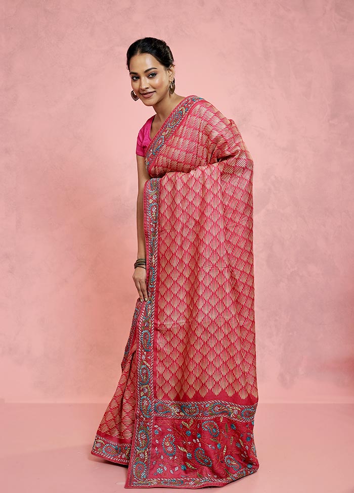 Pink Embroidered Pure Tussar Silk Saree With Blouse Piece - Indian Silk House Agencies