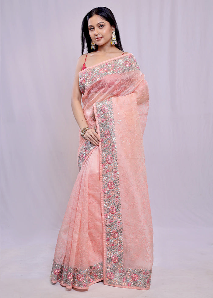 Peach Pure Organza Saree With Blouse Piece - Indian Silk House Agencies