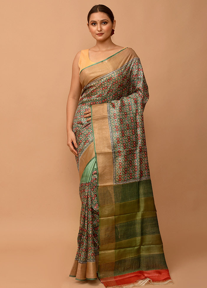 Green Tussar Silk Saree With Blouse Piece - Indian Silk House Agencies