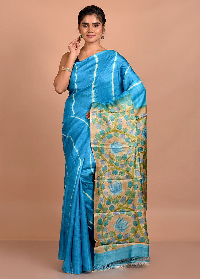 Blue Tussar Pure Silk Saree With Blouse Piece - Indian Silk House Agencies