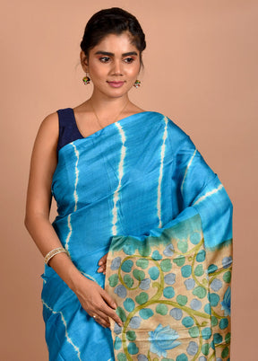 Blue Tussar Pure Silk Saree With Blouse Piece - Indian Silk House Agencies