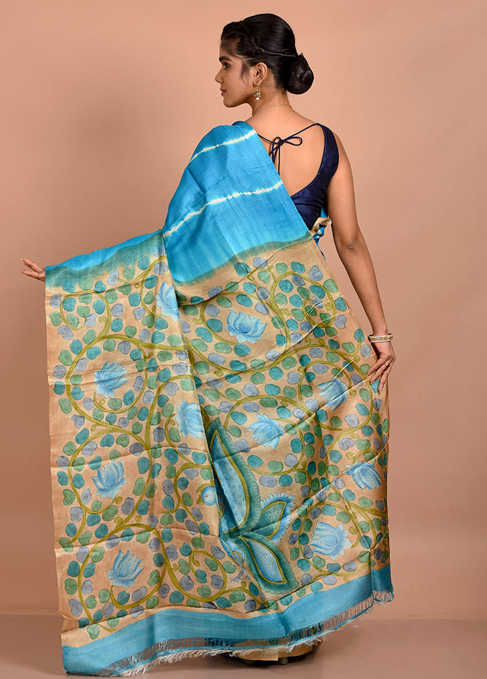 Blue Tussar Pure Silk Saree With Blouse Piece - Indian Silk House Agencies