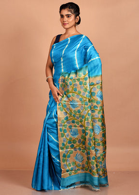 Blue Tussar Pure Silk Saree With Blouse Piece - Indian Silk House Agencies