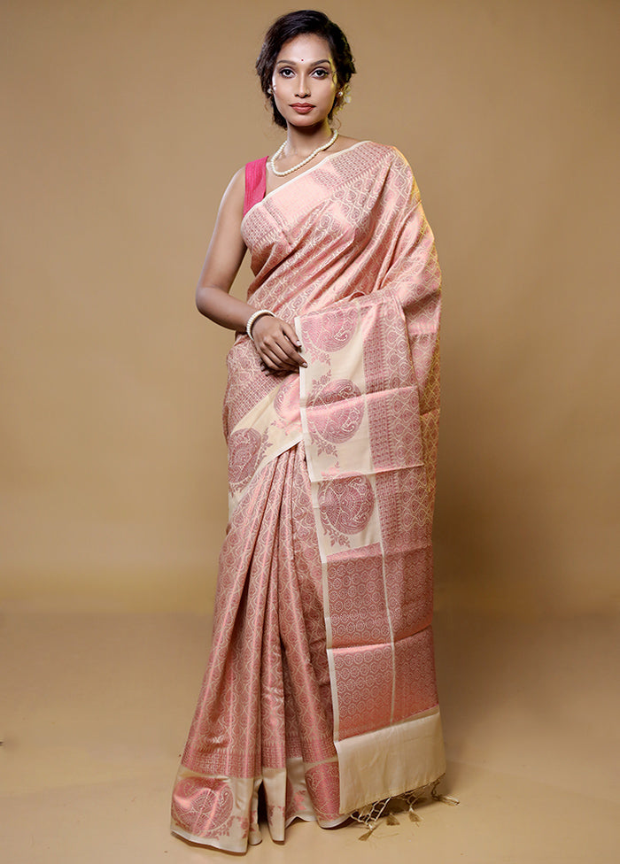 Peach Dupion Silk Saree With Blouse Piece