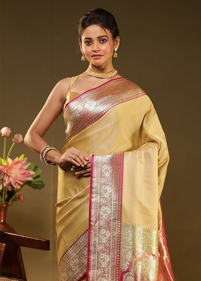 Cream Banarasi Silk Saree With Blouse Piece